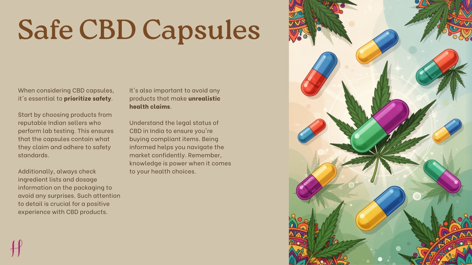 Safe CBD capsules guide with benefits, lab testing advice, and cannabis leaf illustration.